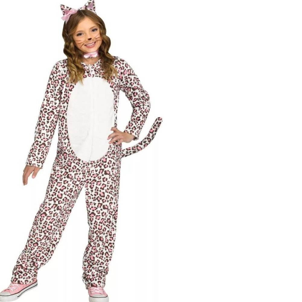 Leopard Halloween Costume 4/6 Jumpsuit Fleece White Pink Brown 3 Pc Girls
